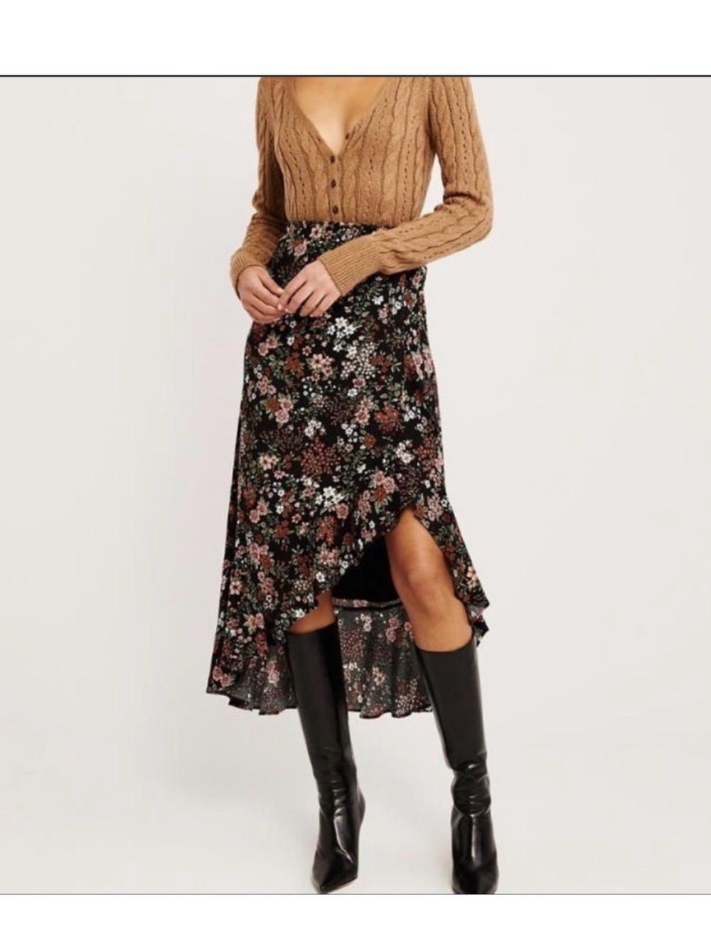 Abercrombie & Fitch Floral Ruffle Wrap Skirt XS Button Closure Tie side